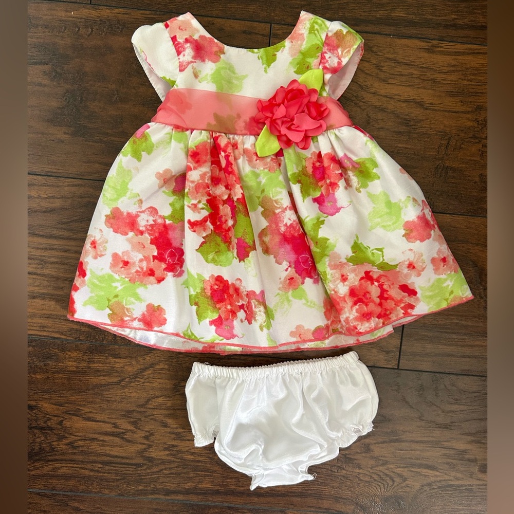 Youngland Baby pink and lime green floral dress with bloomers - 6/9 months